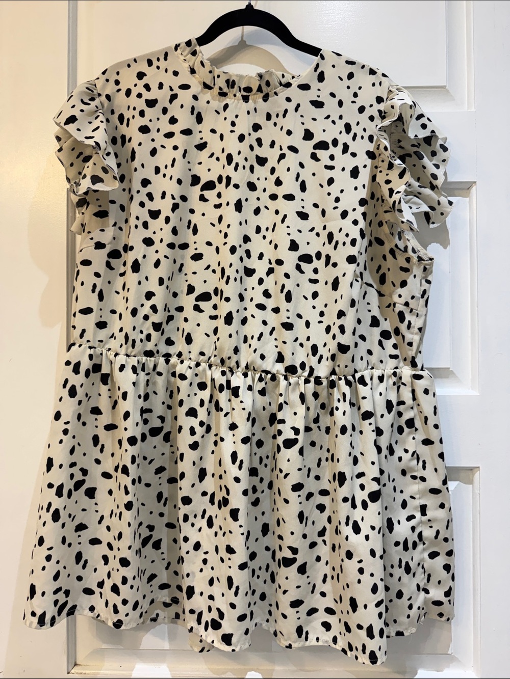 SHEIN Cream and Black Dalmatian Print Ruffle Sleeve Blouse